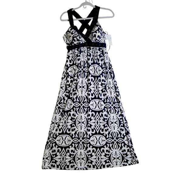 INC International Petite Sm NWT Navy Beaded Maxi Sexy Sleeveless Dress Geometric - Picture 1 of 14
